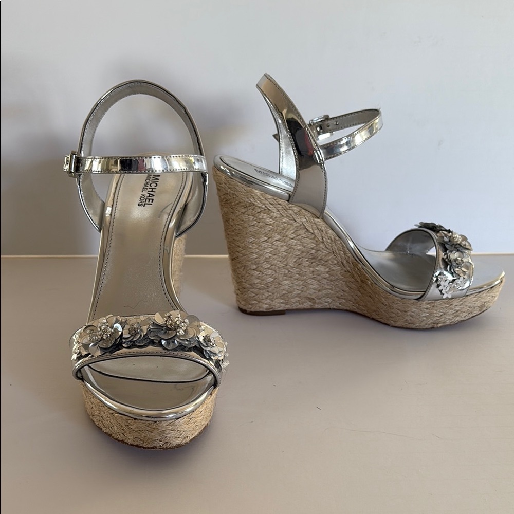 Michael Kors Silver Wedge Sandals with Ankle Straps